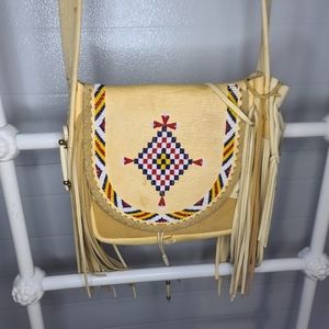 Tan Leather and swade satchel with beaded embroidery